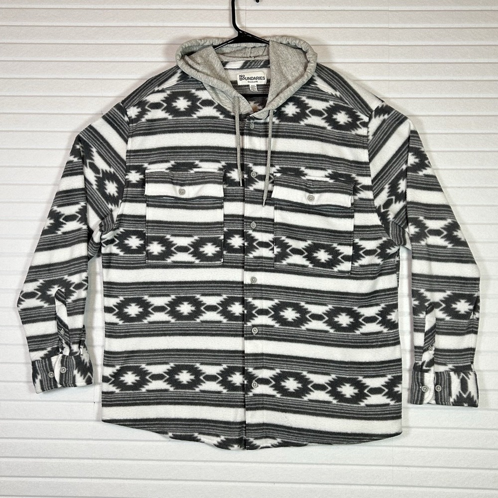 No Boundaries Mens XL 46-48 Gray Aztec Fleece Hooded Shacket Oversized